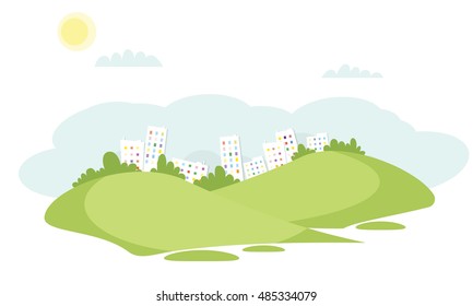 grass field vector landscape with the city in the background