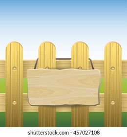  Grass field with wooden fence and Sign wood. Vector illustration