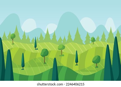 Paisaje de campos de hierba. Cielo escénico. Colinas primaverales con árboles verdes. Tierras praderas. Campiña. Escena de verano. Las siluetas de las montañas se divierten en el horizonte. Antecedentes chillonos de la caricatura vectorial