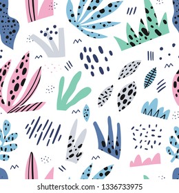 Grass flat hand drawn seamless vector pattern. Herbal color background, backdrop. Outdoor plants cartoon illustrations. Multicolor spotty leaves texture. Botanical wrapping paper, textile design