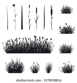 Grass and flower black silhouettes vector brush set isolated on a white background.
