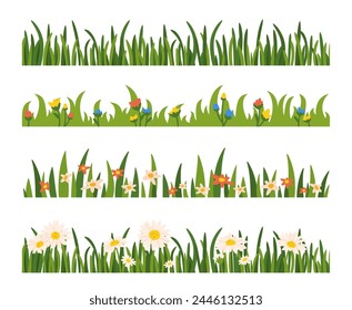 Grass and flower borders. Cartoon horizontal green lawn. Meadow with chamomile, color garden flowers, field wild herbal. Decorative seamless border. Vector collection. Park with wildflowers