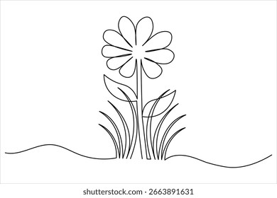  Grass and Flower continuous one line drawing on white Background