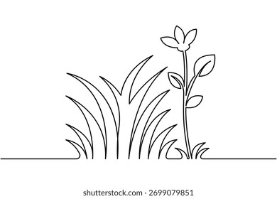Grass and flower one line drawing minimalist style outline vector illustration
