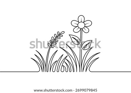 Grass and flower one line drawing minimalist style outline vector illustration
