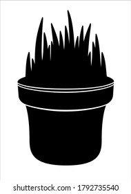 Grass in a flower pot - black vector silhouette for pictogram or logo. Germinating grains at home - sign or icon. Microgreens.