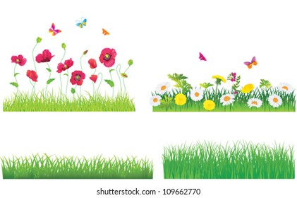 Grass And Flower Set. Isolated On White Background, Vector Illustration