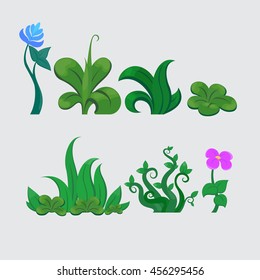 grass and flower set of vector patterns, collection of blooming green natural original plants