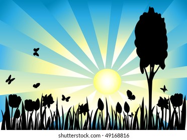 Grass and flower silhouette on meadow