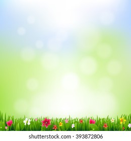 Grass And Flowers And Bokeh With Gradient Mesh, Vector Illustration