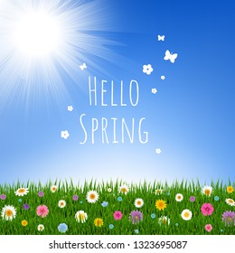 Grass And Flowers Border With Gradient Mesh, Vector Illustration