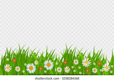 Grass and flowers border, greeting card decoration element for Easter on a Transparent Background. Vector Illustration. EPS10