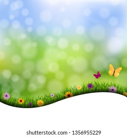 Fondo De La Naturaleza De Los Bordes De Grasa Y Flores Con Malla De Gradiente, Ilustración Vectorial