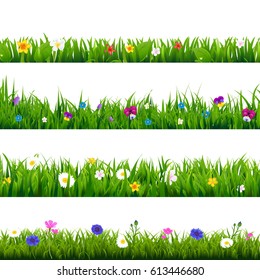 Grass And Flowers Border Set With Gradient Mesh, Vector Illustration