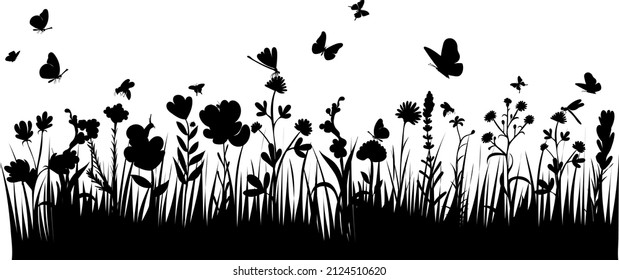 grass, flowers, butterflies black silhouette, isolated vector