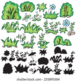 Grass and flowers cartoon and silhouttes on a white background