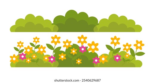Gras und Blumen. Sammlung von Vektorgrafiken von Gras und Blumen im flachen Stil. grünes Blatt. Gras- und Blumengrafik einzeln auf weißem Hintergrund