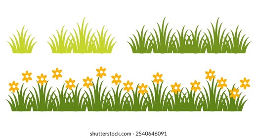 Grass and flowers. Collection of vector illustrations of grass and flowers in flat style. green leaf. Grass and flowers illustration isolated on white background