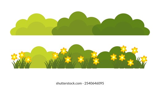 Grass and flowers. Collection of vector illustrations of grass and flowers in flat style. green leaf. Grass and flowers illustration isolated on white background