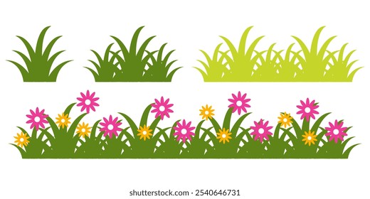 Grass and flowers. Collection of vector illustrations of grass and flowers in flat style. green leaf. Grass and flowers illustration isolated on white background