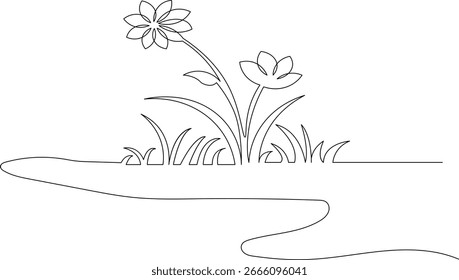 Grass and flowers continuous one line drawing in minimalist style with simple outline illustration