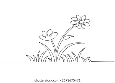 Grass and flowers continuous one line drawing minimalist outline vector illustration
