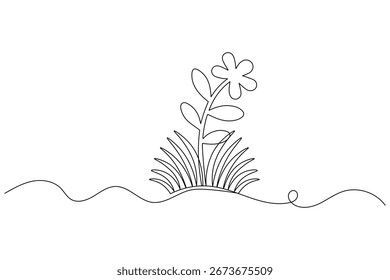 Grass and flowers continuous one line drawing minimalist outline vector illustration
