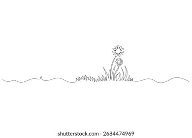 Grass and flowers continuous one line drawing minimalist style outline vector illustration isolated