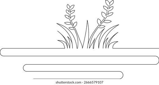 Hierba y flores en estilo minimalista continuo de una sola línea con ilustración de contorno delicado