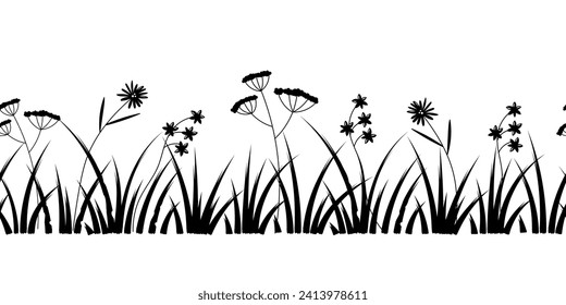 Grass and flowers doodle seamless border. Doodle herb, organic pattern. Vector illustration. Hand drawn grass field. 