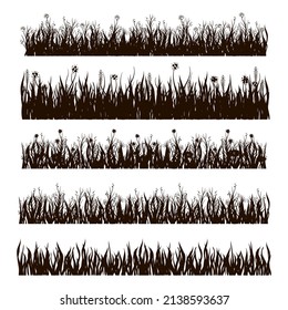 Grass, flowers. Meadow, field. Black silhouette on a white background. Collection. Vector drawing.
