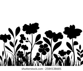 Grass flowers meadow silhouette hand drawn illustration