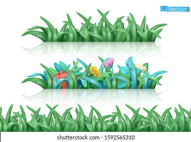 Grass and flowers. Nature seamless pattern. 3d vector objects