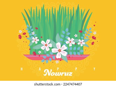 Grass and flowers. Nowruz. Kazakh new year, Nauryz, the return of spring and the start of a new year. Holiday Nowruz, Happy Nowruz, vector illustration