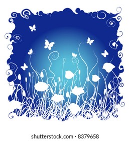 Grass and flowers on a background of the night sky