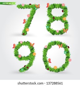 Grass font, Creative ecological concept vector illustration template design ( number 7 8 9 0 )