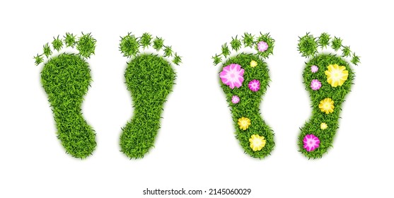 Grass Foot Print Set. Green Flower Footprint Icon Collection, Barefoot Eco Symbols Isolated on White Background