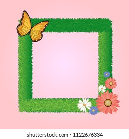 grass frame with flowers and butterfly on pink background