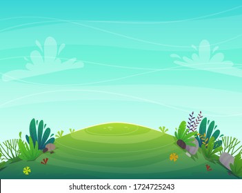 grass glade lawn in the forest background, joyful bright kids green field, cartoon style hill summer sun clear sky with clouds bushes and flowers in the garden with fir trees , vector