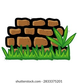 Grass graffiti on a brick wall with spray paint splatters.