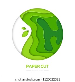 Grass green abstract layout - vector paper cut banner in a round frame on white background with place for your information. Lovely texture and gradient. High quality carving art, invitation template