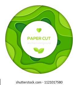 Grass green abstract layout - vector paper cut banner in a round frame on white background with place for your information in the center. Bright color. High quality carving art, invitation template