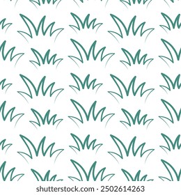 Grass. Green bushes. Seamless vector pattern. Isolated colorless background. Endless summer ornament from vegetation for lawn. Doodle style. Idea for web design, wallpaper.