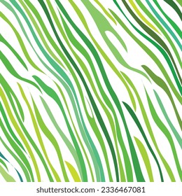 Grass green diagonal wavy stripes of different width, waves seamless repeat eco, vegan background. Oblique hand drawn crooked lines, inclined, tilted streaks, strips, bars pattern. Striped texture.