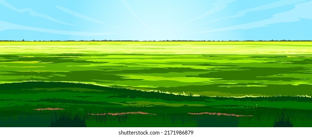 vector de paisaje verde de césped. fondo de campo, pradera natural, cielo de verano, planta de césped, colina de jardín de tierras, vista de campo verde césped vista de naturaleza ilustración caricatura