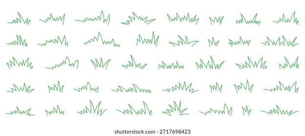 Gras grüne Linie Doodle-Set 40. Umriss Grasland oder Wiese Skizze einfache Feld-Design. Grünes Gras Strich handgezeichnete Textur für Garten Muster. Vektorgrafik.