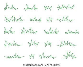Gras grüne Linie Doodle-Set 20. Umriss Grasland oder Wiese Skizze einfache Feld Design. Grünes Gras Strich handgezeichnete Textur für Garten Muster. Vektorgrafik.