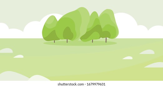 Fondo natural verde de hierba. Hay cuatro árboles ricos. Una llanura llena de nubes en el cielo. ilustración vectorial mínima de diseño plano.