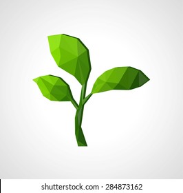 grass green sprout of a tree with leaves on a gray background isolation polygonal low poly.