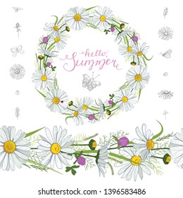 Grass greeting card with meadow blooming herbs - chamomile, clover, spikelet. Butterflies, ladybug, lettering. Botanical Floral Vector Vintage Isolated Illustration on White.